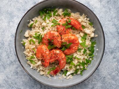 Taboulé de chou-fleur aux gambas